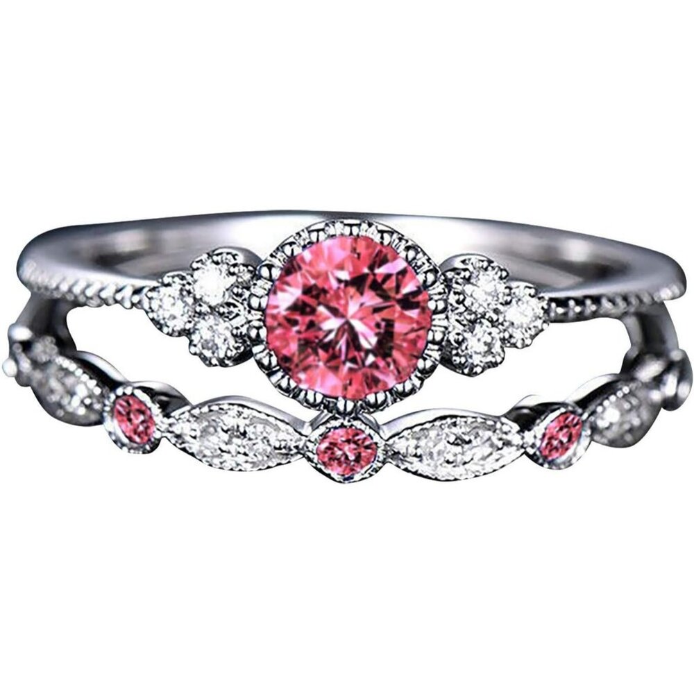 Round cut Pink lab Sapphire Engagement Wedding Ring Anniversary set in Stainless